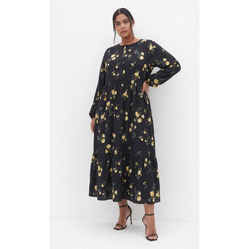 Old Navy Floral Tiered Maxi Dress Relaxed Boho Cottage Pockets Black Sz XL